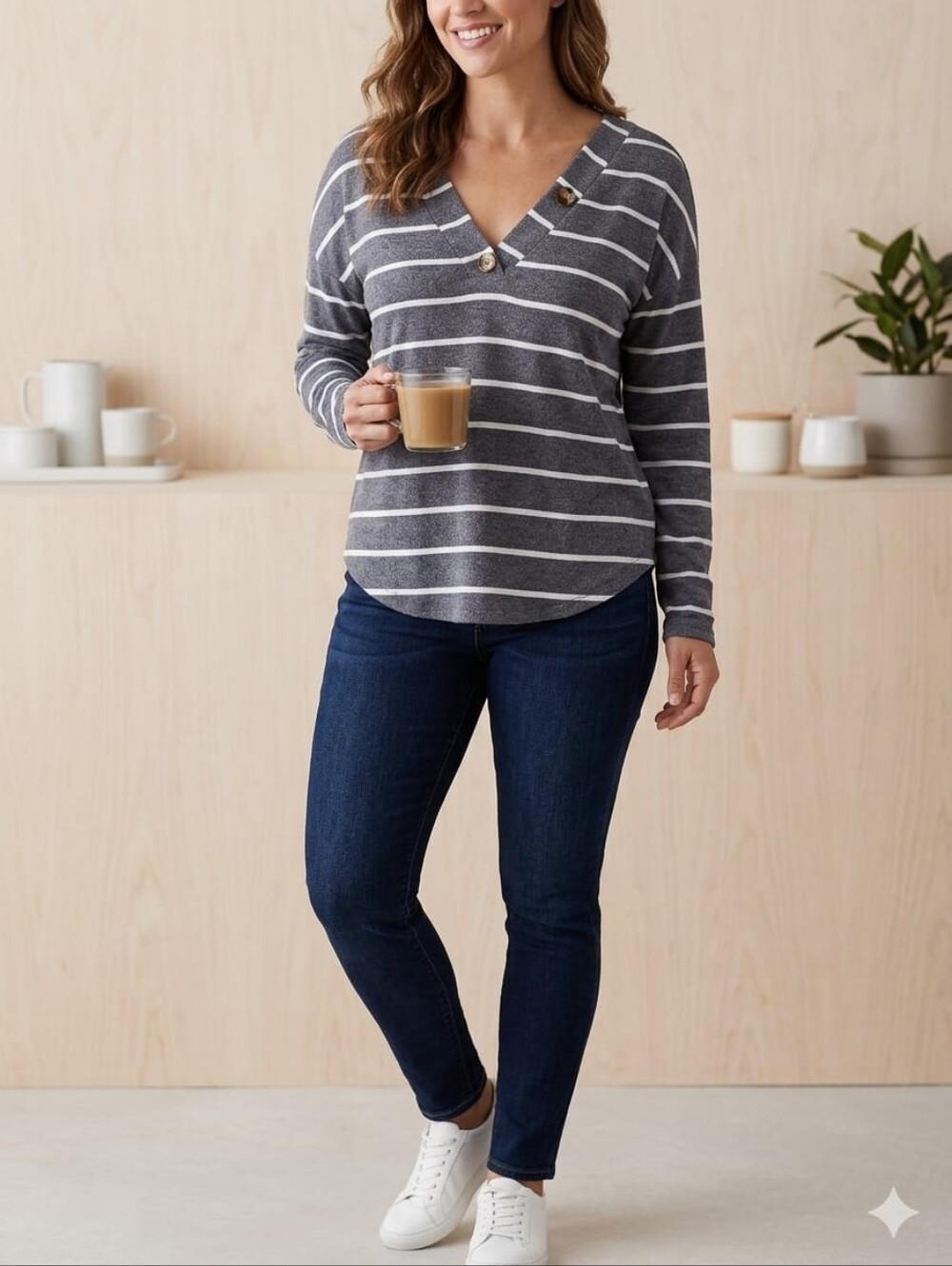Sweet Wanderer Gray and White Striped V-Neck Knit Top